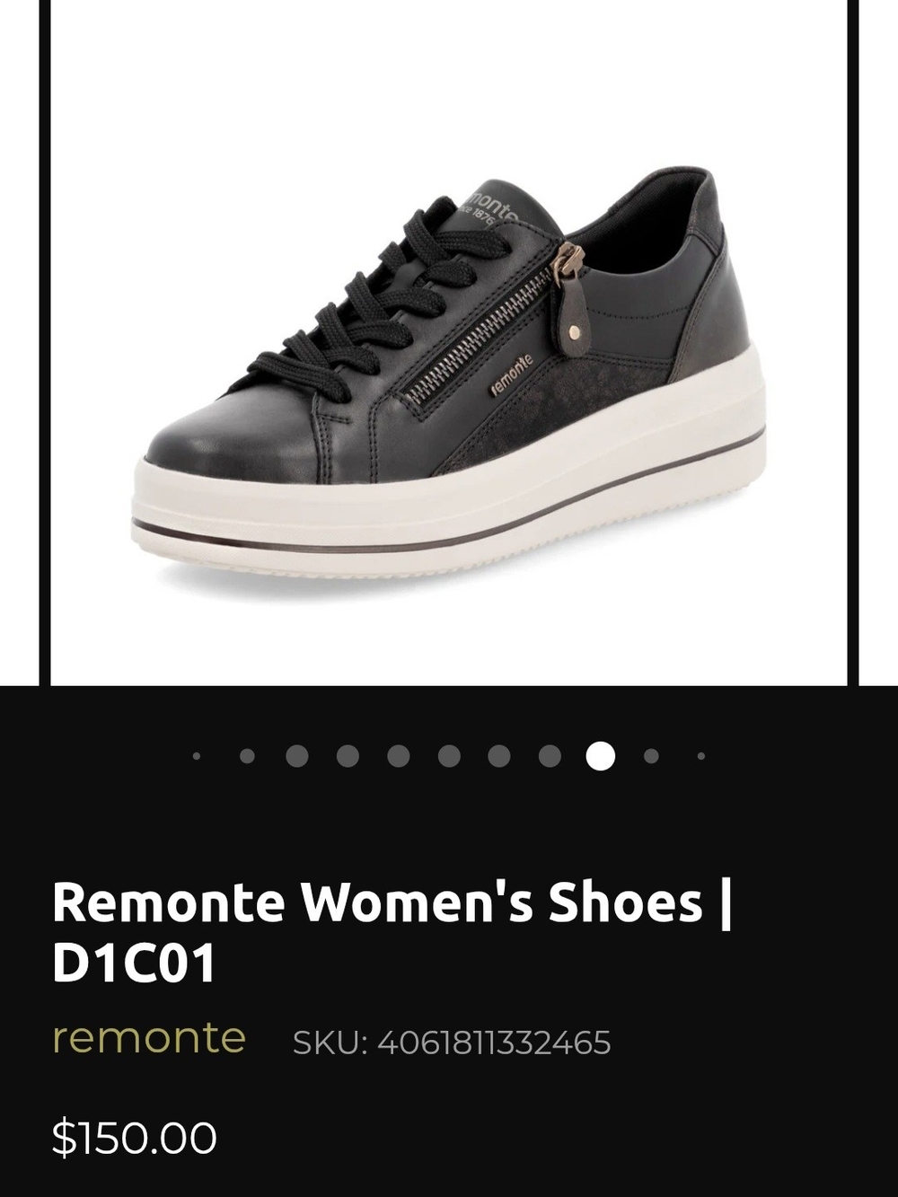 Remonte Black and White Platform Lace-Up Sneaker with Side Zip Sz39/US8 Festival